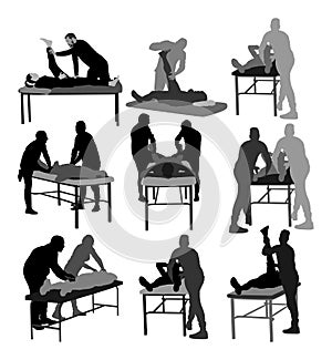 Physiotherapist and patient exercising in rehabilitation center, vector silhouette illustration.