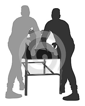 Physiotherapist and patient exercising in rehabilitation center, vector silhouette illustration.