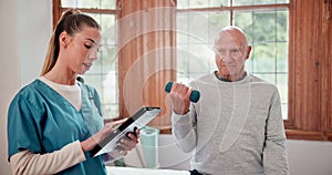 Physiotherapist, senior man and tablet with dumbbells, consultation and workout with progress in nursing home. Elderly
