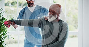 Physiotherapy, arm and dumbbell with a senior black man in a clinic for rehabilitation or recovery from injury