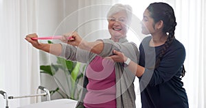 Physiotherapy, arm stretching band or old woman assessment, exercise or workout for chiropractic rehabilitation