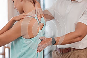 Physiotherapy, chiropractor and physical therapist with woman patient for stretching and spine massage for health and
