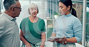 Physiotherapy conversation, couple and a doctor with a tablet for a consultation and retirement healthcare. Planning