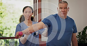 Physiotherapy, dumbbell and woman helping old man doing arm exercise, injury healing or arthritis rehabilitation
