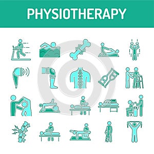 Physiotherapy line color icons set. Rehabilitation, therapy concept.