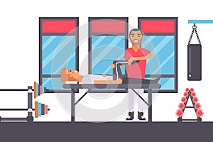 Physiotherapy massage for injured athlete gym sportsman rehabilitation vector illustration