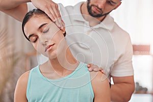 Physiotherapy, neck pain and stretching with woman and doctor for healthcare, chiropractic or consulting. Massage