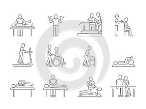 Physiotherapy and rehabilitation, exercises and massage therapy vector line medical icons