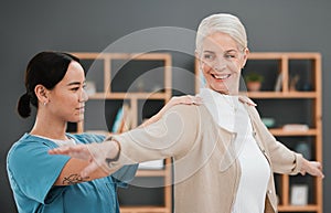 Physiotherapy, senior woman and shoulder massage of a Asian physiotherapist and rehabilitation. Physical therapy