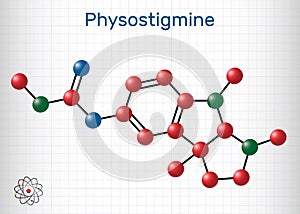 Physostigmine, eserine, C15H21N3O2 molecule. It is cholinesterase inhibitor, toxic parasympathomimetic indole alkaloid. Sheet of