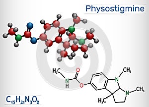 Physostigmine, eserine, C15H21N3O2 molecule. It is cholinesterase inhibitor, toxic parasympathomimetic indole alkaloid. Structural