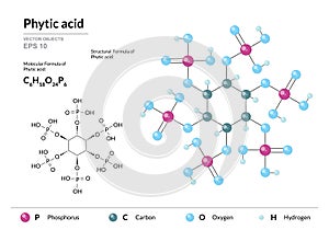 Phytic acid. inositol Hexakisphosphate or Inositol Polyphosphate. Structural chemical formula and molecule 3d model