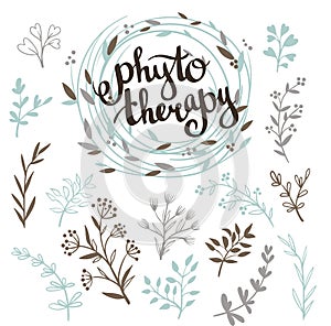 Phytotherapy background. Stylish lettering in the wreath and set of herbs. photo