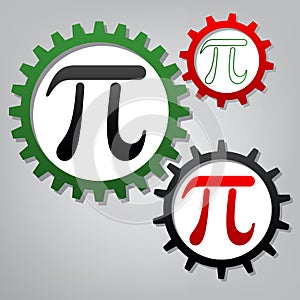 Pi greek letter sign. Vector. Three connected gears with icons a