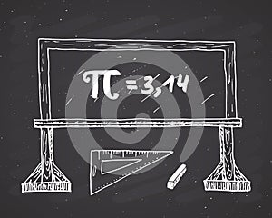 Pi symbol hand drawn icon, Grunge calligraphic mathematical sign on school blakboard vector illustration on chalkboard background