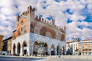 Piacenza, Italy. Piazza Cavalli, Square horses, and palazzo Gotico, Gothic palace, in the city center