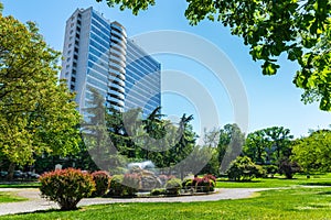 Piacenza, Italy. Public gardens Margherita opposite train station ,Square Marconi, on a nice sunny day