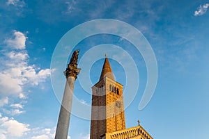 Piacenza, medieval town, Italy. Piazza Duomo in the city center with the bell tower of the Piacenza cathedral Duomo di Piacenza