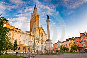 Piacenza, medieval town, Italy. Piazza Duomo in the city center with the cathedral of Santa Maria Assunta and Santa Giustina