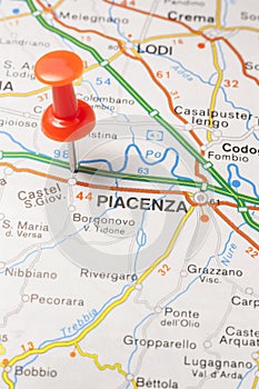 Piacenza pinned on a map of Italy