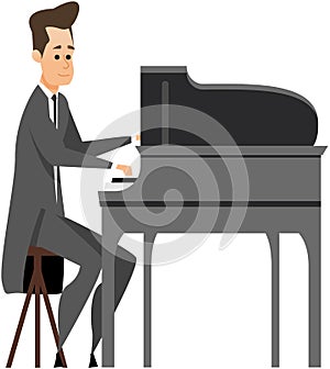 Pianist character musician in concert costume playing musical composition on grand piano on stage