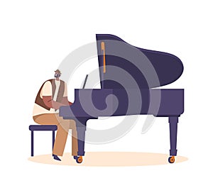 Pianist Male Character Playing Jazz Musical Composition on Grand Piano for Performance on Stage, Cartoon Illustration