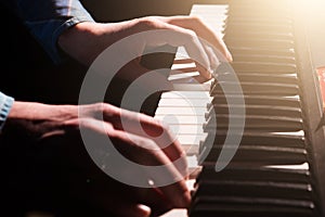 Pianist musician piano musical instrument playing. Music piano with man performer. Music and concert concept.