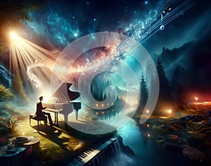 Pianist playing the piano in a night landscape