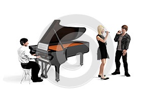 The pianist sits and plays the piano, with a boy and a girl standing next to him with microphones singing