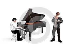 Pianist sits and plays the piano and a boy with a microphone is standing next to him and sings - isolated on white background