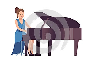 Pianist woman. Classical female musician character in blue dress with black piano plays melody, acoustic music show