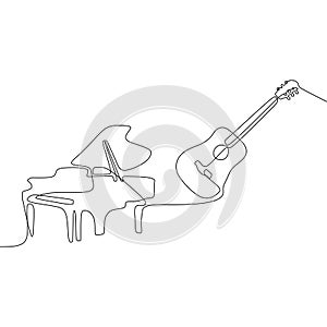 Piano Acoustic guitar one line cartoon illustration of musical instruments orchestra