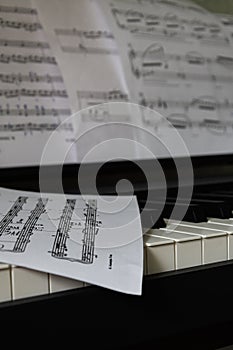 Piano. Black and white keys, musical notation, sheet music, music, after virtuoso piano playing.