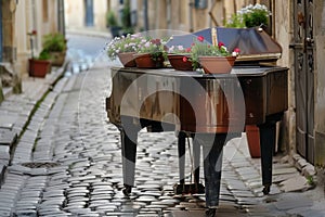 piano on a cobblestone street with flowering pots, duet performance