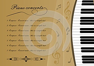 Piano concert program template with cut out of keyboard, treble clef and some notes, musical leaflet, golden background