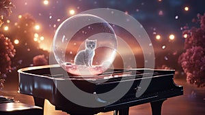 piano with crystal ball highly intricately detailed photograph of Little kitten walking on piano inside a glass orb