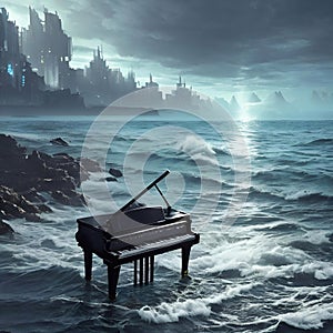 The piano is filled with sea waves on a rocky beach, against the backdrop of an epic city