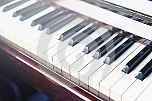 Piano jazz musical tool, Close up of piano keyboard, Piano keyboard background with selective focus.Cool color and Daylight