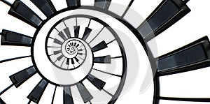 Piano keyboard abstract fractal spiral pattern background. Black and white piano keys round spiral. Spiral stair. Piano concept pa