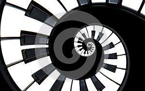 Piano keyboard abstract fractal spiral pattern background. Black and white piano keys round spiral. Spiral stair. Piano concept pa