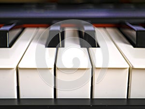 The piano keyboard with black and white keys and notes. Music and sound. photo