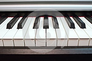 Piano keyboard close up. Elements of musical instrument.