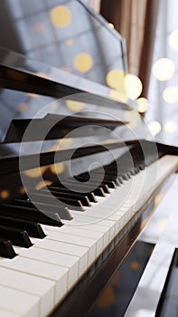 Piano keyboard close up view with selective focus.