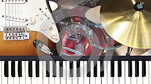 Piano keyboard electric guitar and golden cymbal music instrume