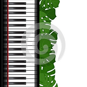 Piano keyboard with monstera leaves frame