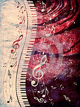 Piano Keyboard with Music Notes Grunge