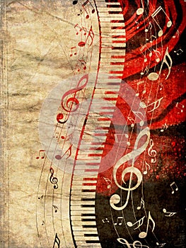 Piano Keyboard with Music Notes Grunge