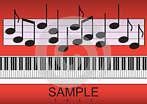 Piano keyboard and notes on red background Vector illustration