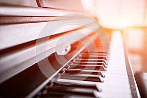 Piano, keyboard piano, side view of instrument musical tool.