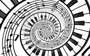 Piano keyboard printed music abstract fractal spiral pattern background. Black and white piano keys round spiral. Spiral stair. Pi